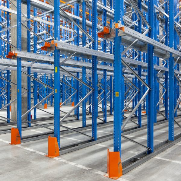 Empty storage racks in a warehouse